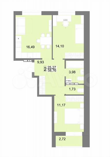 2-к. квартира, 58,8 м², 7/23 эт.