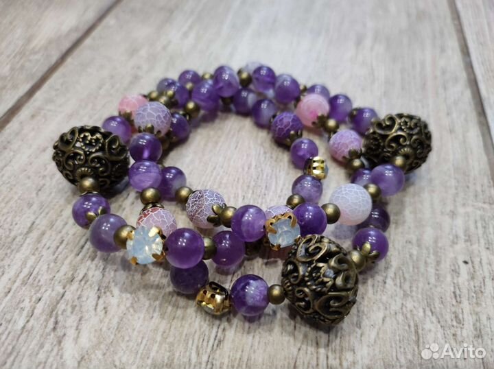 Браслет из натурального аметиста и агатов