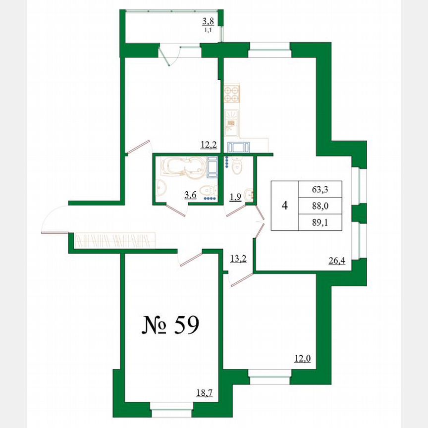 4-к. квартира, 89,1 м², 8/8 эт.