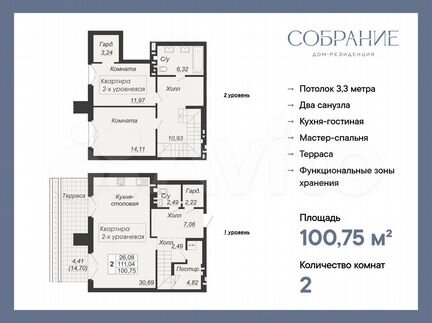 2-к. квартира, 100,8 м², 1/7 эт.