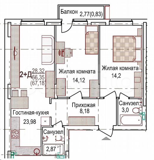 2-к. квартира, 68 м², 1/8 эт.