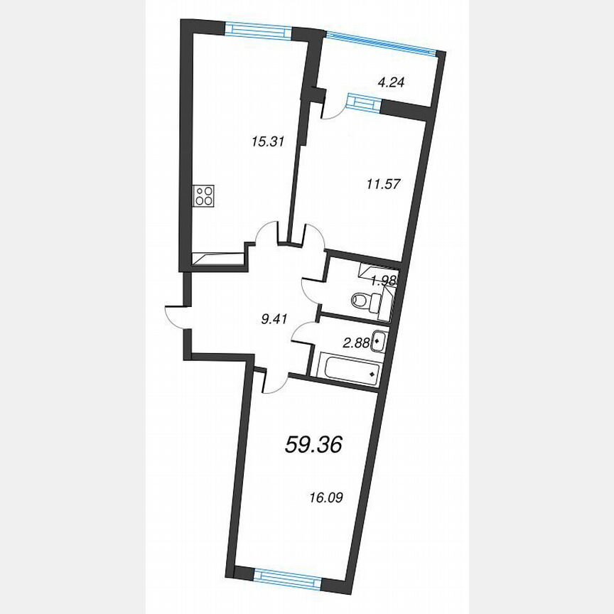 2-к. квартира, 61,5 м², 4/22 эт.