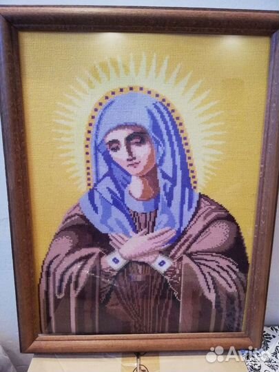Икона Умиление вышитая крестиком, в рамке, 34х44см