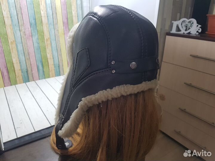 Стильная Шапка ушанка шлем натуральная кожа мех