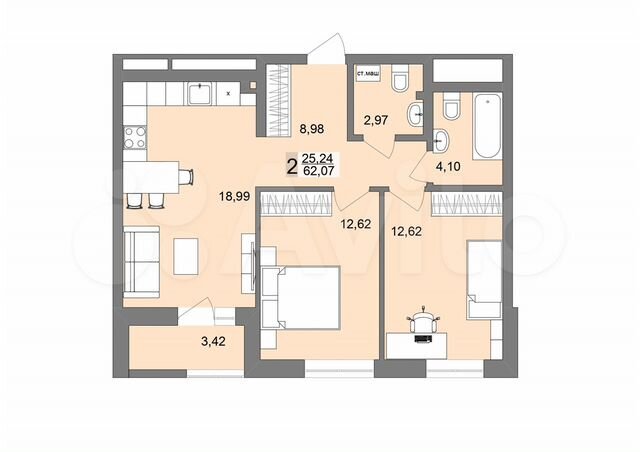 2-к. квартира, 60,7 м², 18/26 эт.