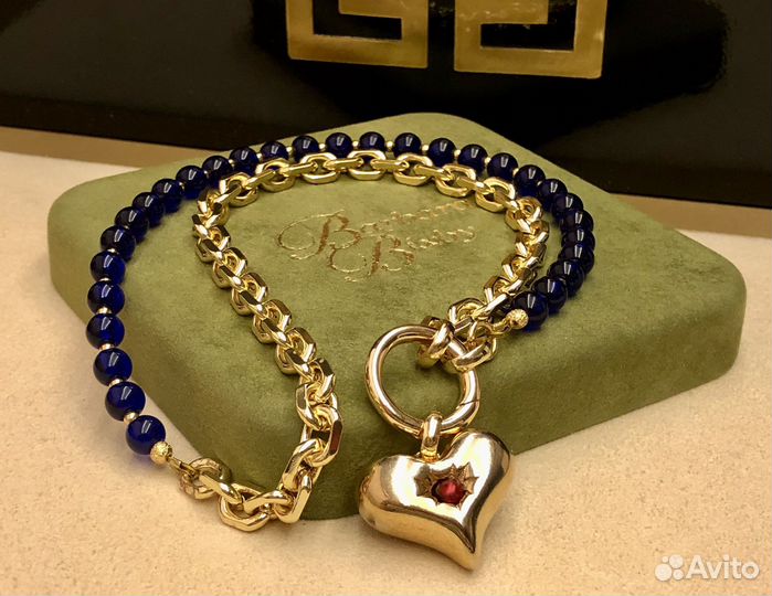 Колье с ярко- синей Presiosa сердцем позолота