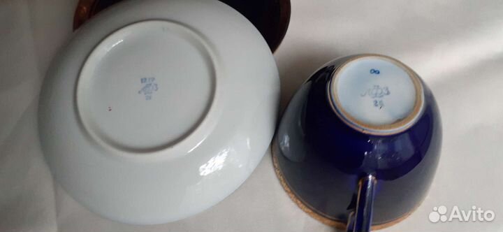 5 чайные пары Колосок лфз, кобальт с золотом