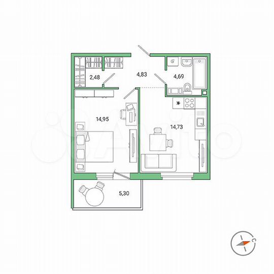 1-к. квартира, 43,3 м², 9/9 эт.
