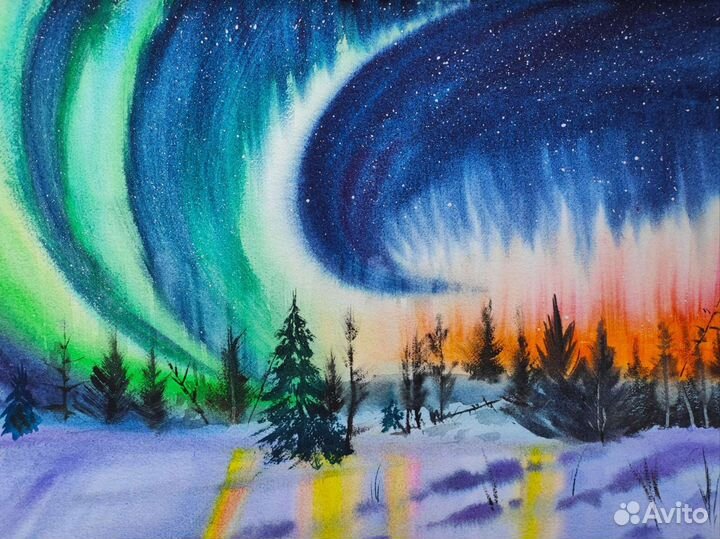 Зимний пейзаж акварелью