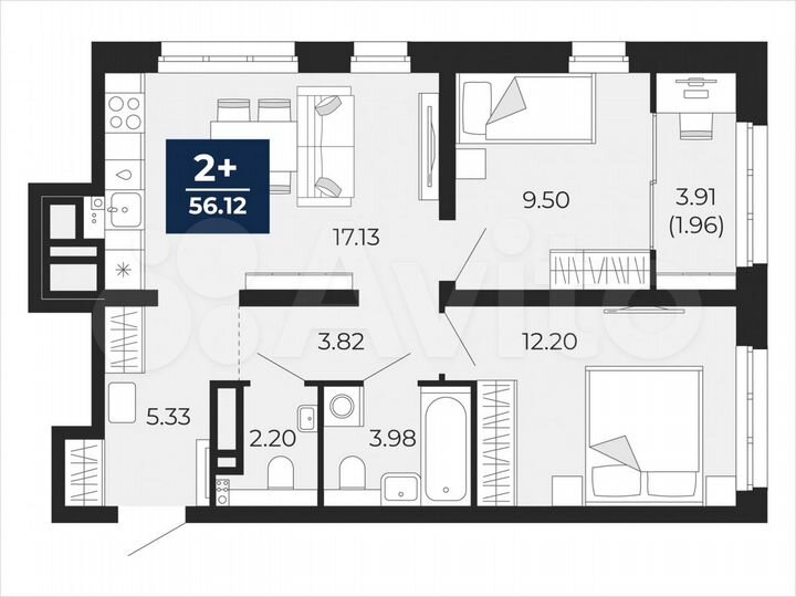 2-к. квартира, 56,1 м², 12/22 эт.