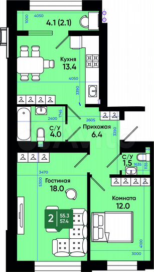 2-к. квартира, 58,3 м², 3/3 эт.