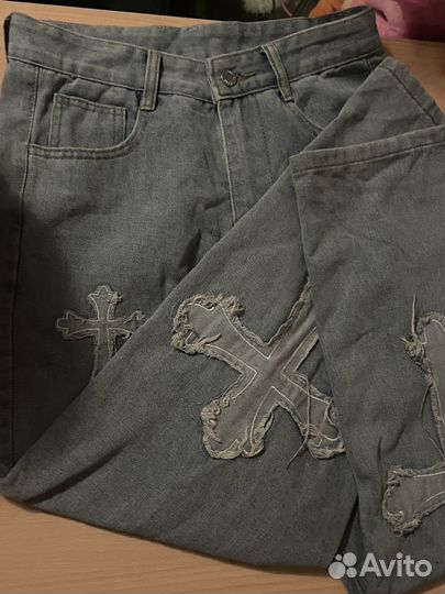 Широкие джинсы, серые