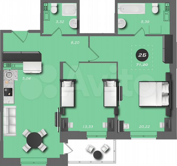 2-к. квартира, 71,2 м², 9/22 эт.