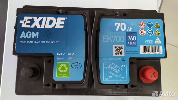 Аккумулятор 70Ач Exide 760A EK700 AGM start-stop