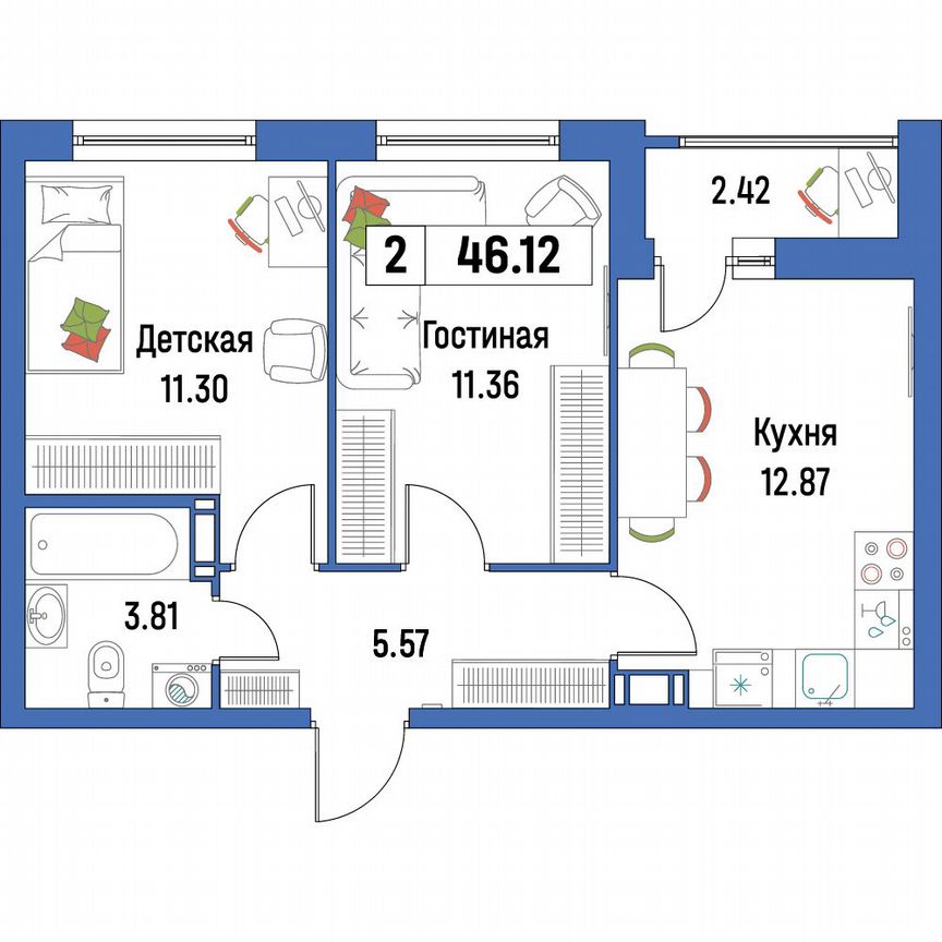 2-к. квартира, 46,1 м², 12/16 эт.