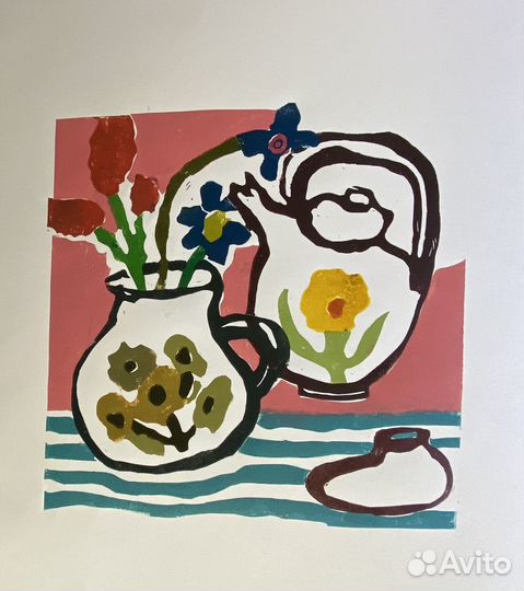 Цветная линогравюра, графика, натюрморт, эстамп