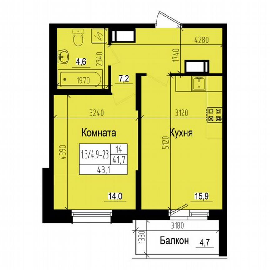 1-к. квартира, 43,1 м², 23/23 эт.