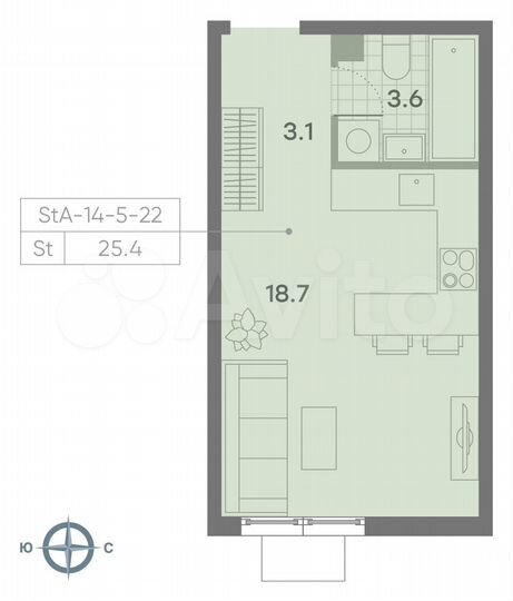 Квартира-студия, 25,4 м², 8/23 эт.