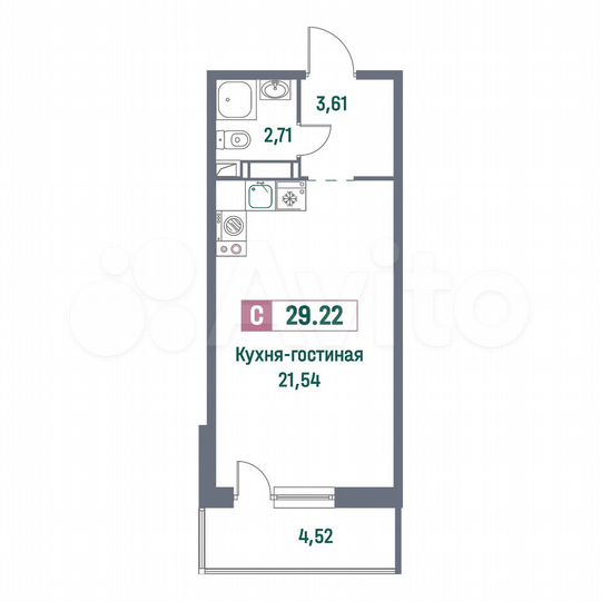 Квартира-студия, 29,2 м², 2/16 эт.