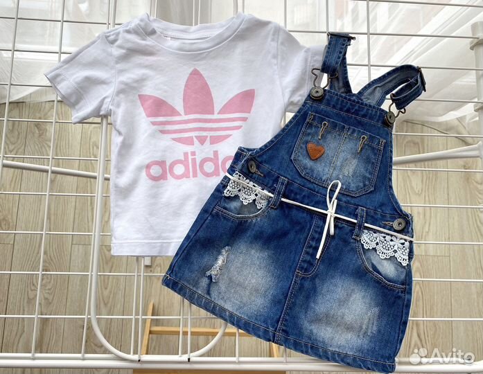 Футболка adidas,джинсы,джинсовый сарафан 80-86р