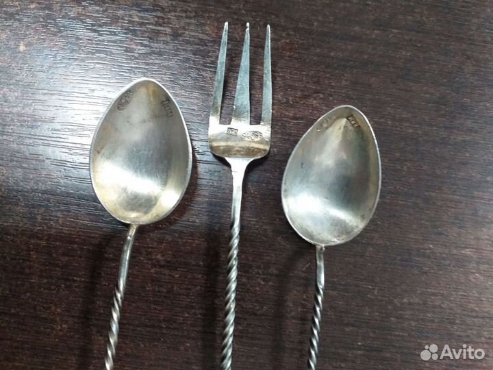 Ложки, вилка, совочек для сахара 84 пробы