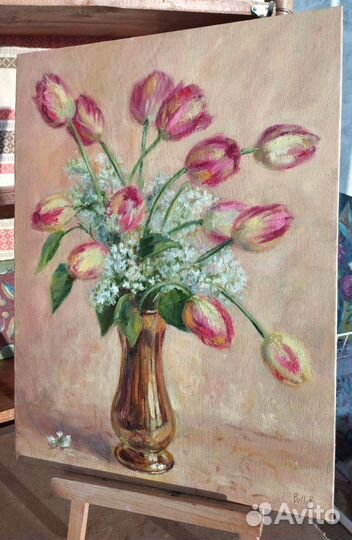 Картина цветы тюльпаны и белая сирень