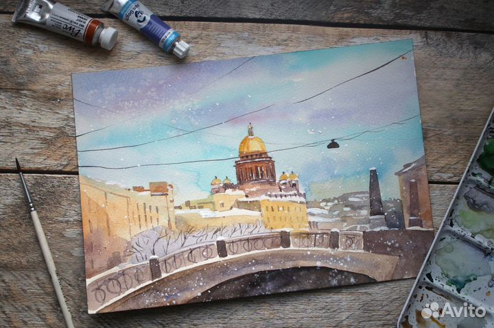 Картина, акварель. Санкт-Петербург, Исаакиевский