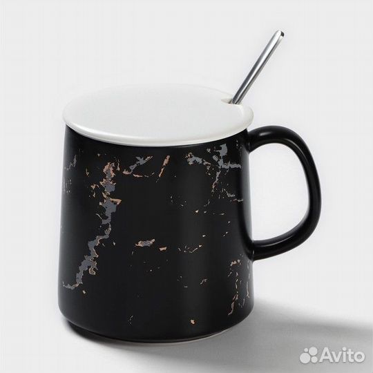 2 шт. Кружка керамическая с ложкой 'Чёрный мрамор'