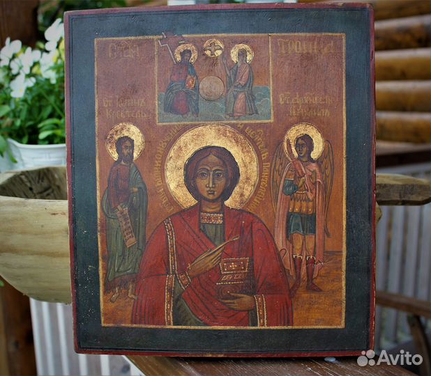 Старинная икона Пантелеймон с предстоящими 29*26