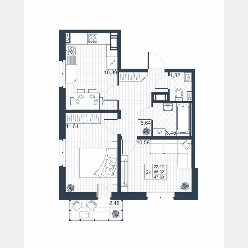 2-к. квартира, 45,8 м², 8/8 эт.
