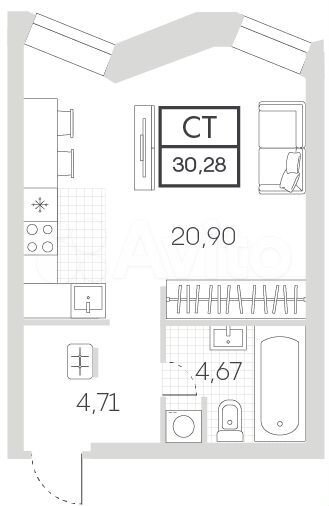 Апартаменты-студия, 30,3 м², 6/16 эт.