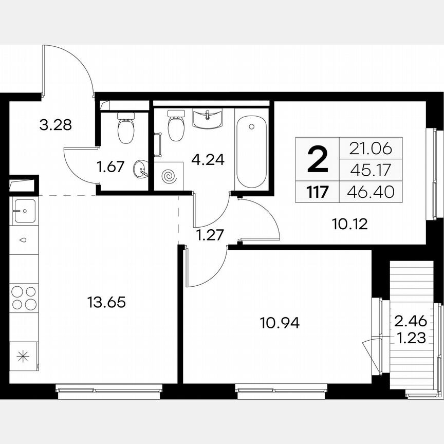 2-к. квартира, 46,4 м², 9/12 эт.