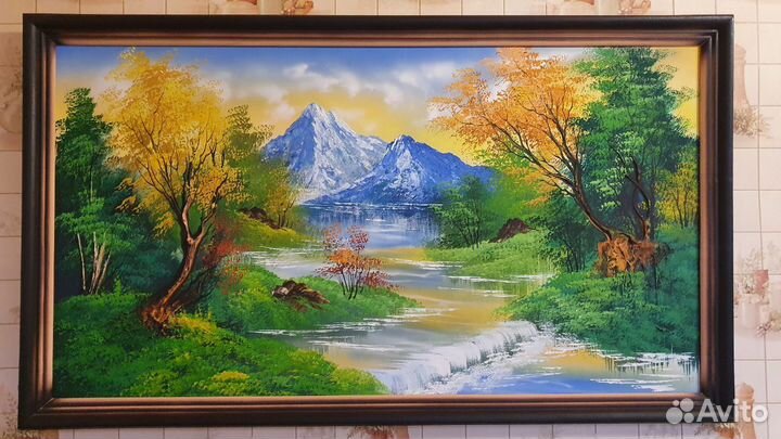 Картина горный пейзаж Эльбрус и горная река масло