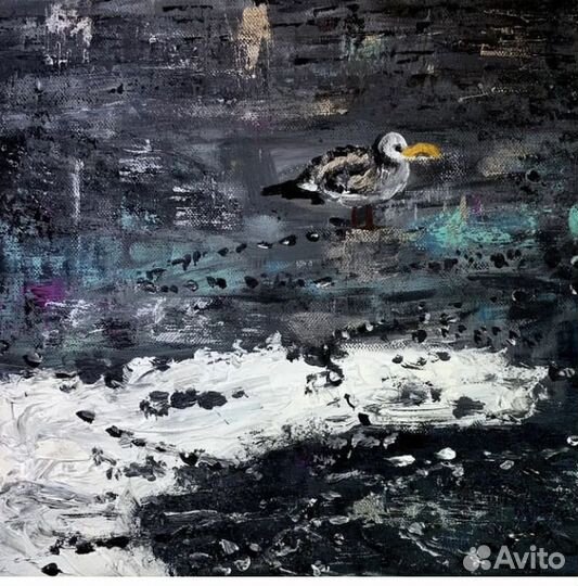 Чайка на мокром льду. Картина. Акрил