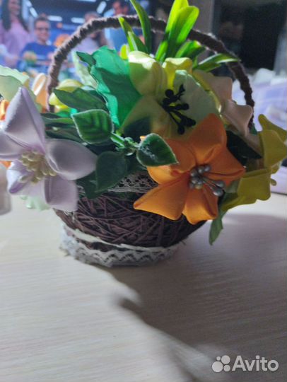 Букет, самодельная корзинка с цветами