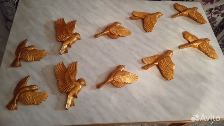 Новые Стая птиц из гипса золотые 10 шт 18 см