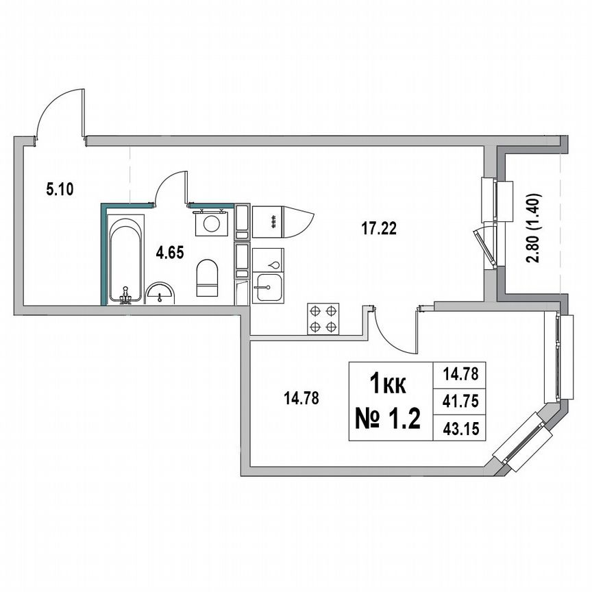1-к. квартира, 43,1 м², 1/7 эт.