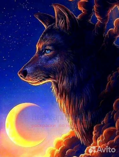 Алмазная мозаика 40x50 Черный волк и молодой месяц