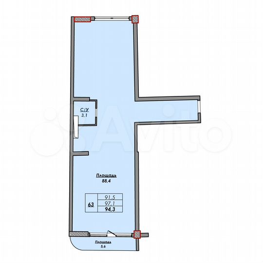 Своб. планировка, 93,9 м², 2/9 эт.
