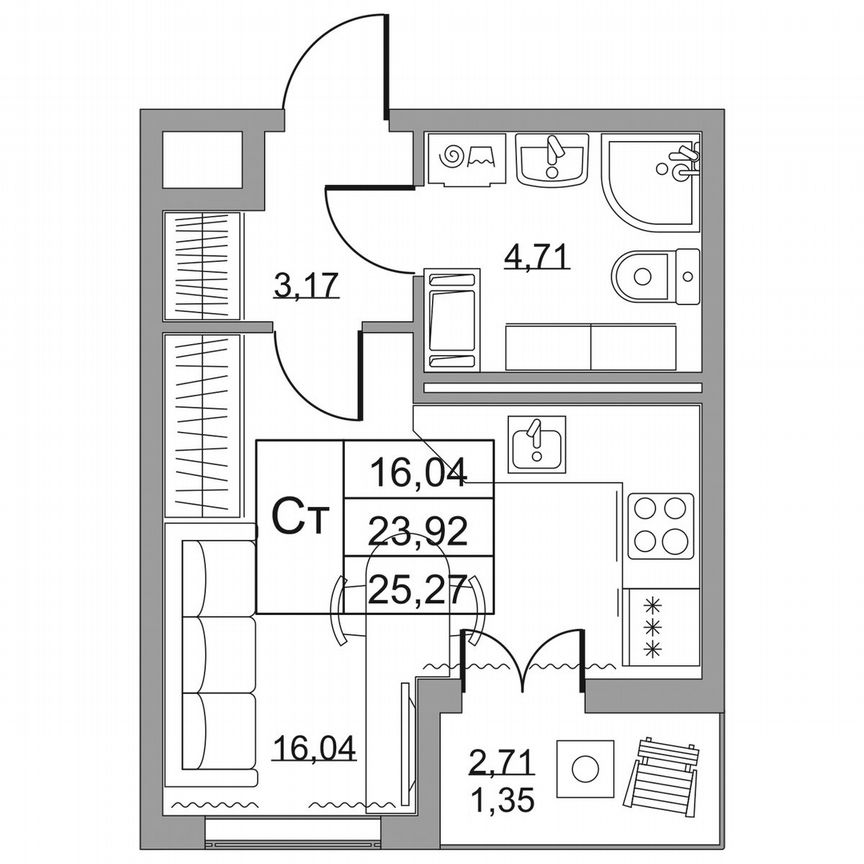 Квартира-студия, 25,3 м², 10/19 эт.