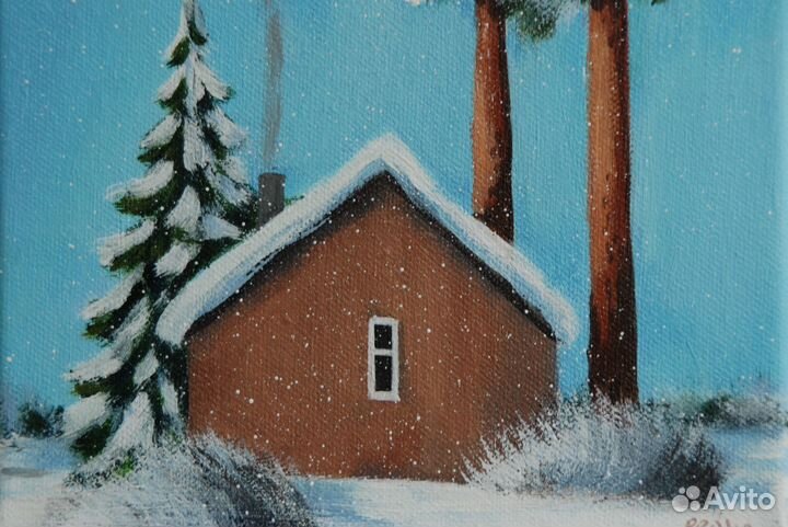 Мини картина с зимним домиком, 20х20, акрил, холст