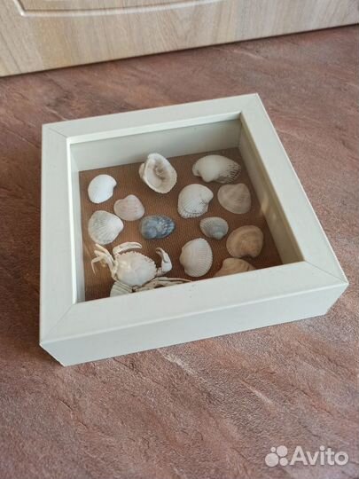 Панно ракушки, краб в объёмной раме под стеклом