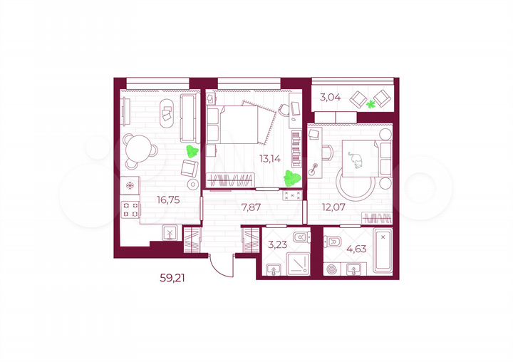 2-к. квартира, 59,2 м², 4/10 эт.