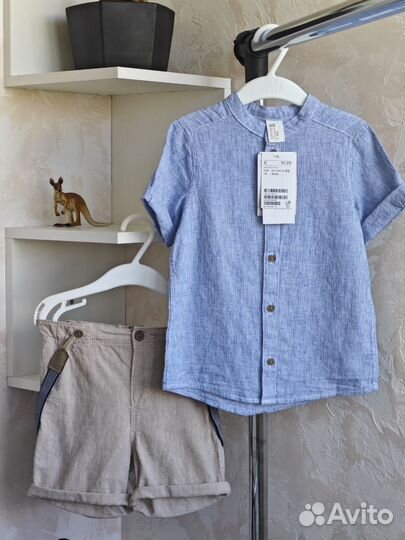Комплект льняной hm рубашка шорты подтяжки 68-92
