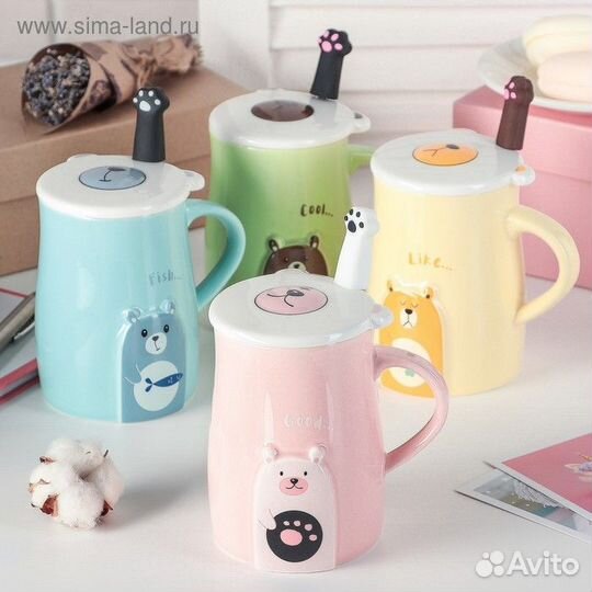 Кружка керамическая с крышкой и ложкой «Лапка», 35