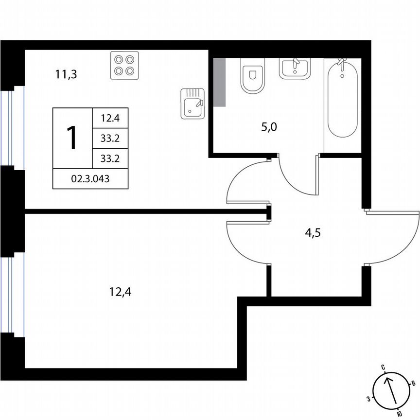 1-к. квартира, 33,2 м², 1/3 эт.