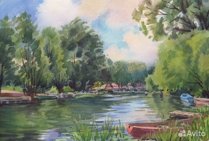 Картина акварель пейзаж озеро лодки рыбалка