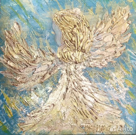 Картина золотой ангел оберег для подарка 30х30 см