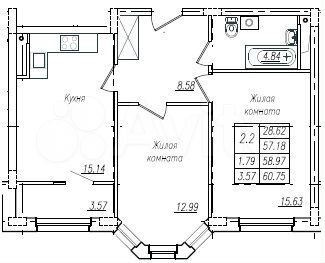 2-к. квартира, 60,8 м², 12/17 эт.