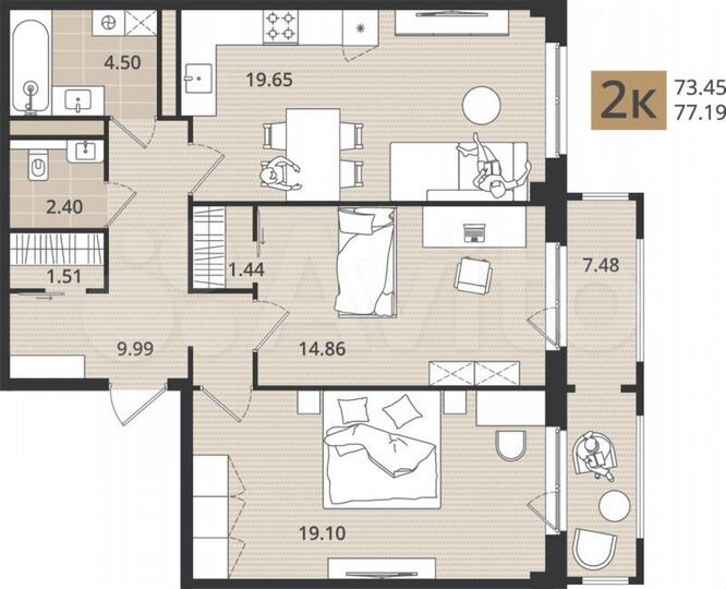 3-к. квартира, 77,2 м², 4/5 эт.